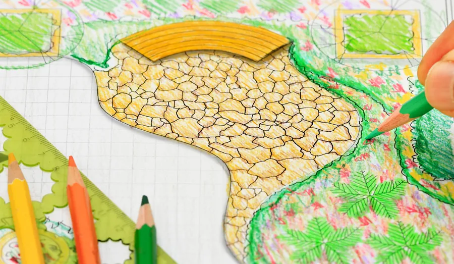 Kleurrijke schets van een tuinontwerp